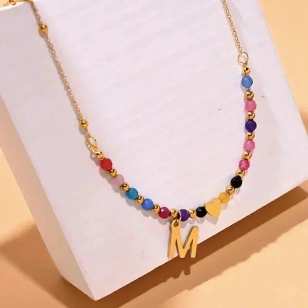 Crystal Beaded Gold Initial Necklace - Stainless Steel -Heart - Handmade
